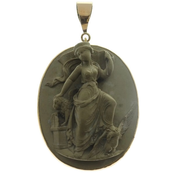 Victorian lava stone cameo depicting woman triumphing over Venice and Rome (?)